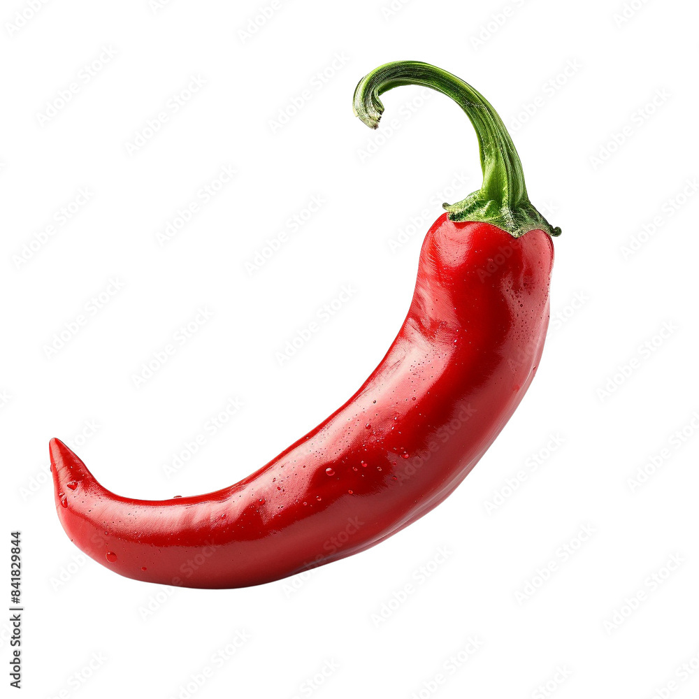 A vibrant red chili pepper with a green stem isolated on a white background, showcasing its glossy texture and spicy appeal. A vibrant red chili pepper with a green stem isolated on a white background, showcasing its glossy texture and spicy appeal.