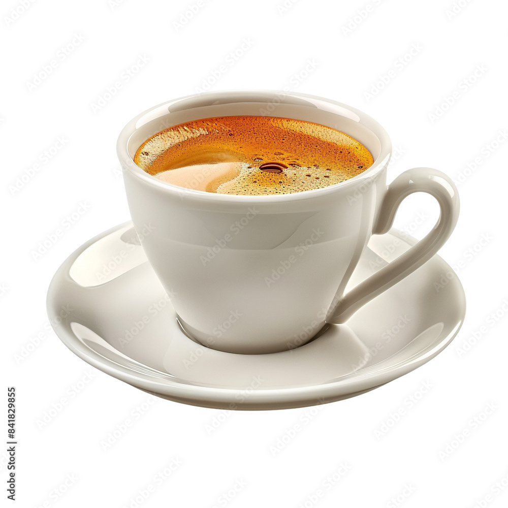 A steaming cup of espresso coffee in a white ceramic cup and saucer, showcasing rich crema on top, presented on a plain white background. A steaming cup of espresso coffee in a white ceramic cup and saucer, showcasing rich crema on top, presented on a plain white background.