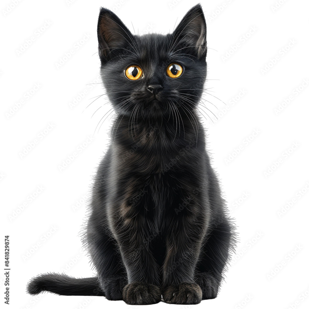 Fototapeta premium Adorable black kitten with striking yellow eyes sitting and looking attentive. Perfect for pet-related content or themes.