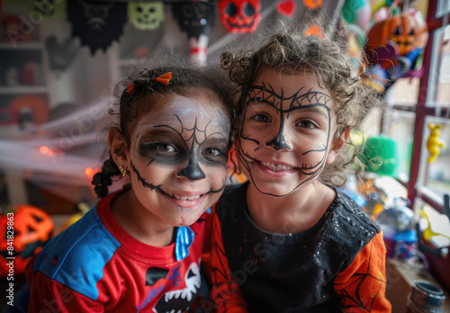 Closeup of children in Halloween costumes, showcasing playful and colorful face painting designs at an event for kids during the spooky season.
