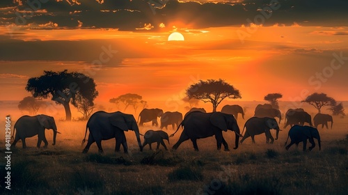 Majestic Elephant Herd Silhouetted Against Dramatic Sunset Sky in Serene African Savanna Landscape