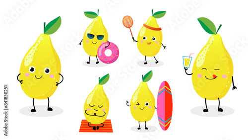 Cute cartoon summer fruit. Cartoon lemon character set. Funny emoticon in flat style.
