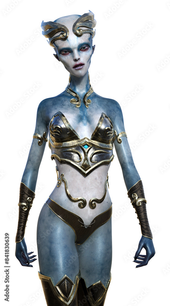 Illustration of a stunning extraterrestrial woman wearing exotic clothing looking forward on a white background.