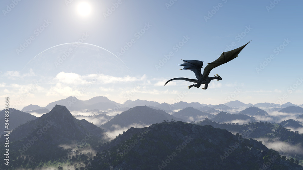Fototapeta premium Illustration of a lone black dragon flying over hilly terrain on an alien world.