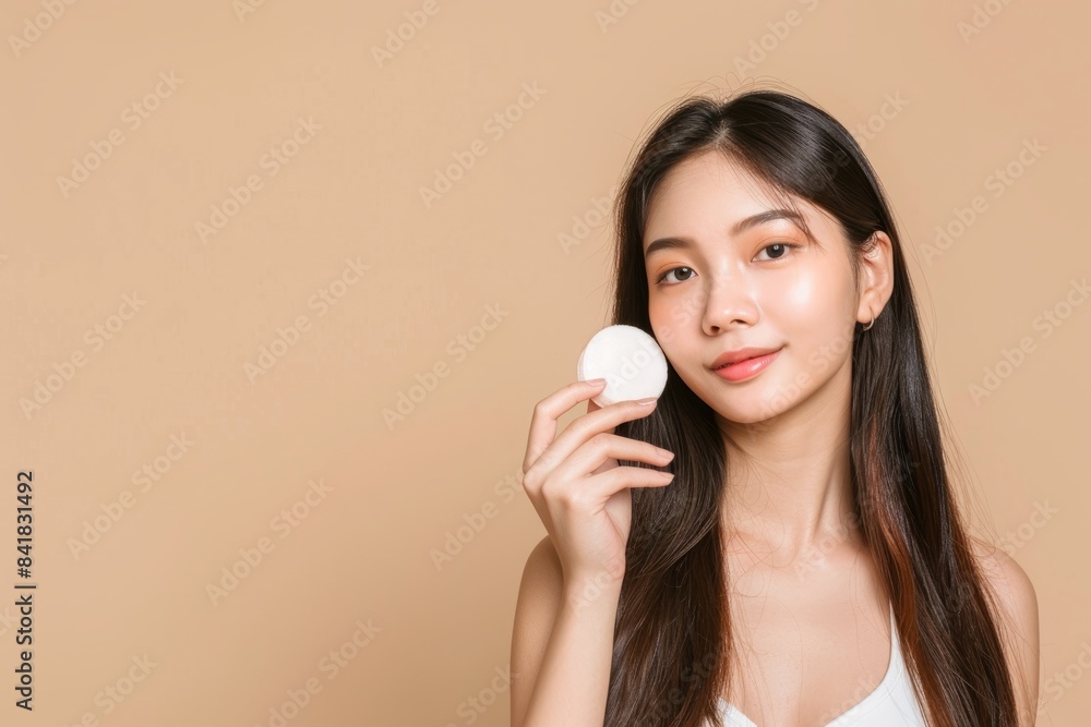 Skincare concept, beauty concept, young beautiful Asian long-haired woman using green beauty products on a beige background, holding a makeup brush and skin cream. Skincare concept, beauty concept, young beautiful Asian long-haired woman using green beauty products on a beige background, holding a makeup brush and skin cream.