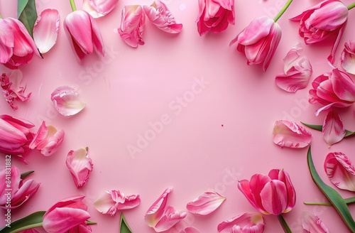 A pink background with small flowers in the corners, creating an empty space for text or design © Kien