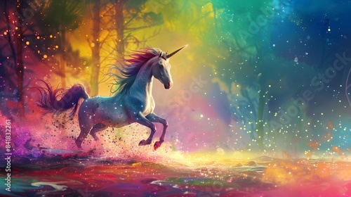 Majestic Unicorn Galloping Through Vibrant Fantasy Landscape with Celestial Glow and Sparkling Lights