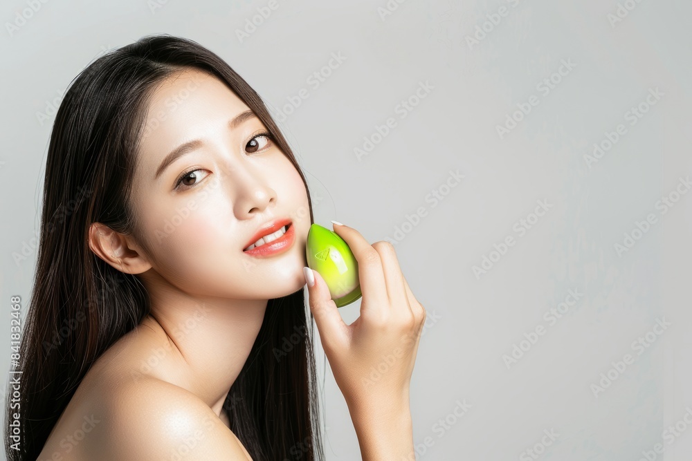 Skincare concept, beauty concept, young beautiful Asian long-haired woman using green beauty products on a beige background, holding a makeup brush and skin cream. Skincare concept, beauty concept, young beautiful Asian long-haired woman using green beauty products on a beige background, holding a makeup brush and skin cream.