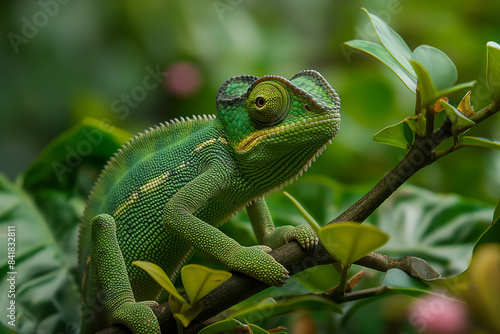 Green chameleon lizard on branch