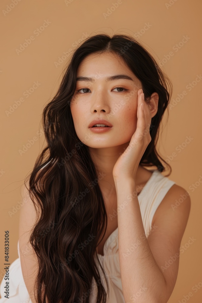 The young Asian beauty's long curly hair with Korean makeup style touches her face and perfect skin against an isolated beige background. Facial care, beauty, plastic surgery. The young Asian beauty's long curly hair with Korean makeup style touches her face and perfect skin against an isolated beige background. Facial care, beauty, plastic surgery.