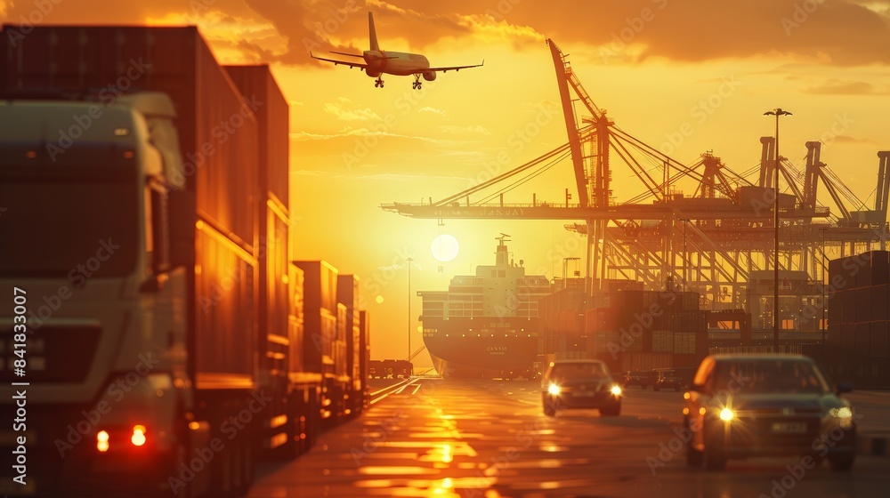 Container truck in ship port for business Logistics and transportation of Container Cargo ship and Cargo plane with working crane bridge in shipyard at sunrise, logistic import export and transport Container truck in ship port for business Logistics and transportation of Container Cargo ship and Cargo plane with working crane bridge in shipyard at sunrise, logistic import export and transport