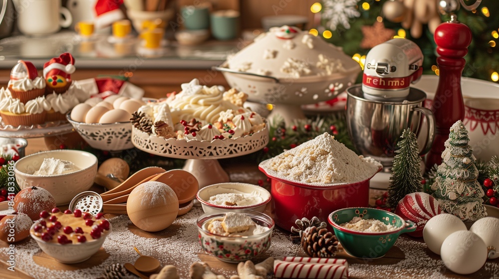 A kitchen table covered with baking ingredients, mixing bowls, and Christmas-themed decorations ready for cake baking A kitchen table covered with baking ingredients, mixing bowls, and Christmas-themed decorations ready for cake baking