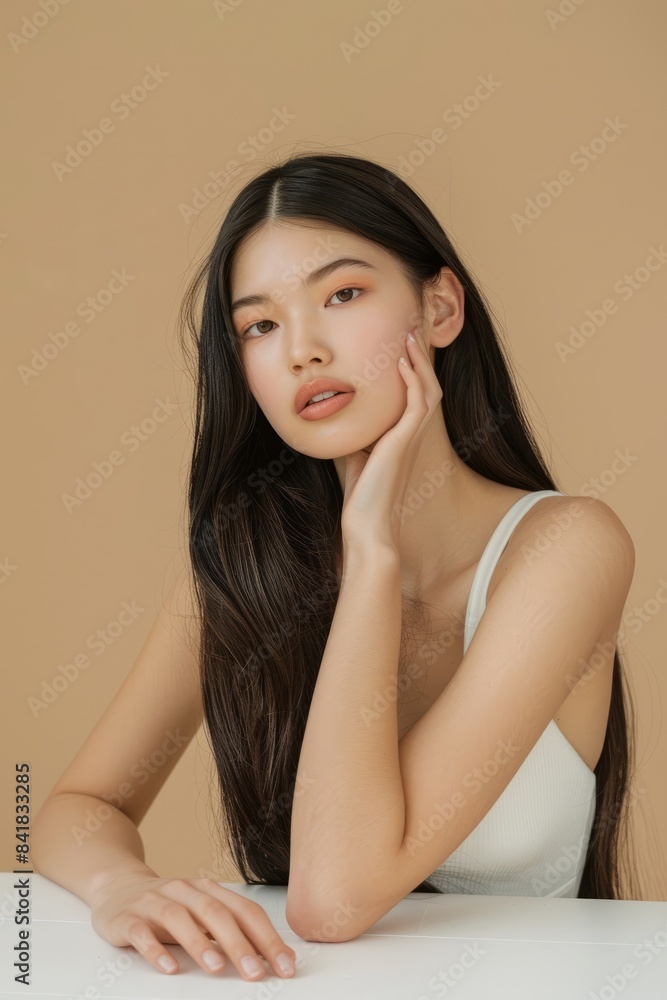 The young Asian beauty's long curly hair with Korean makeup style touches her face and perfect skin against an isolated beige background. Facial care, beauty, plastic surgery. The young Asian beauty's long curly hair with Korean makeup style touches her face and perfect skin against an isolated beige background. Facial care, beauty, plastic surgery.