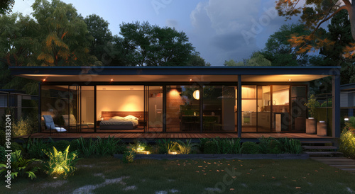 rendering of contemporary small house with flat roof  two bedroom and one bathroom in the front  wood cladding facade and glass windows