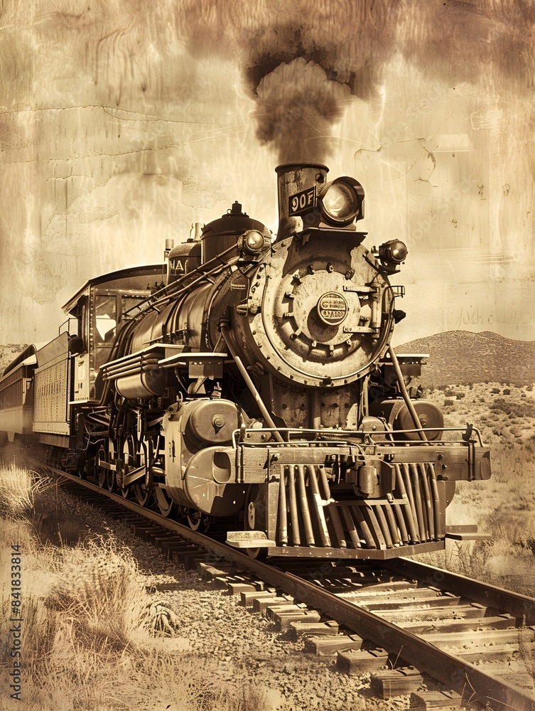 Fototapeta premium Powerful Vintage Steam Locomotive Traversing Picturesque Rural Landscape on Historic Railroad Track