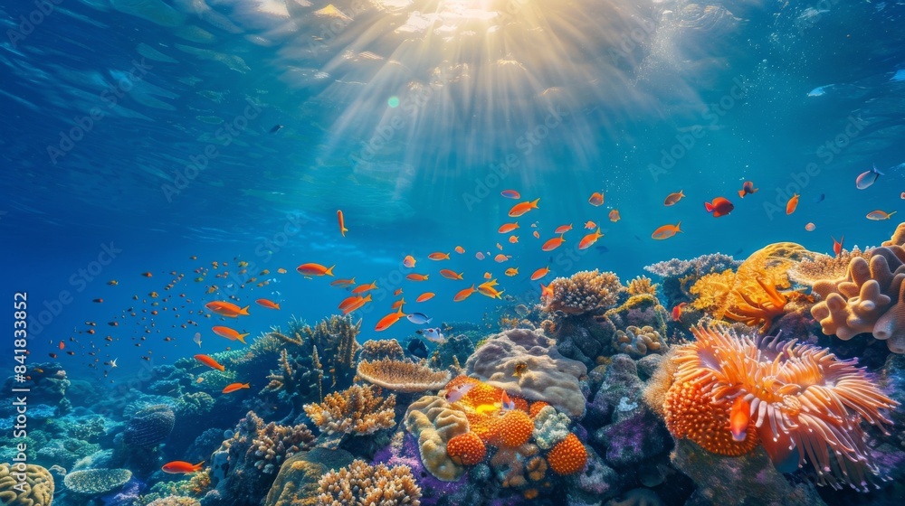 Fototapeta premium Underwater portrait of scuba diver exploring the sea