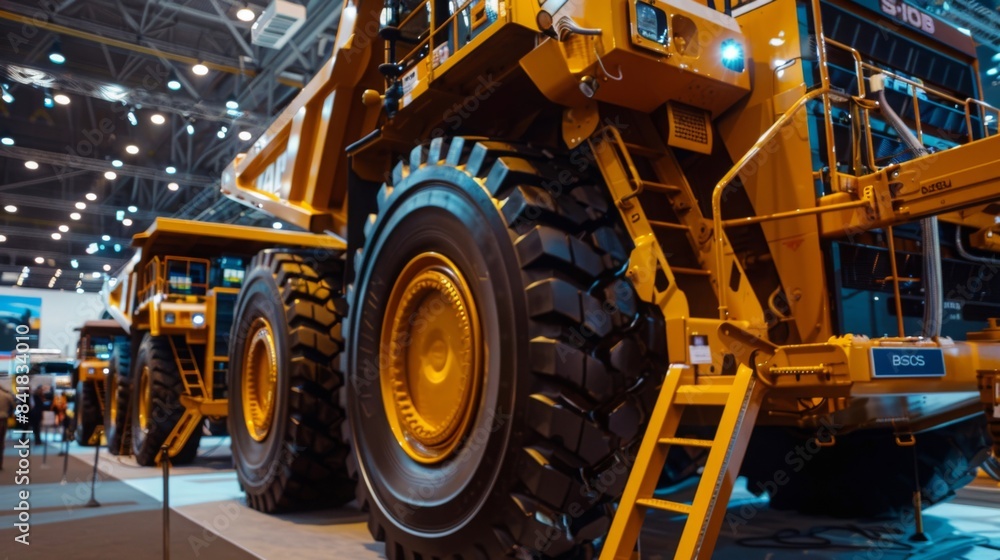 showcasing a lineup of heavy mining equipment at a trade show, with shiny paint and polished surfaces, emphasizing the latest technological innovations 