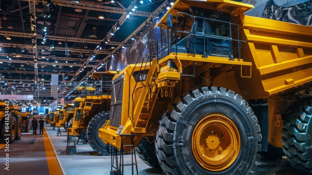 showcasing a lineup of heavy mining equipment at a trade show, with shiny paint and polished surfaces, emphasizing the latest technological innovations showcasing a lineup of heavy mining equipment at a trade show, with shiny paint and polished surfaces, emphasizing the latest technological innovations