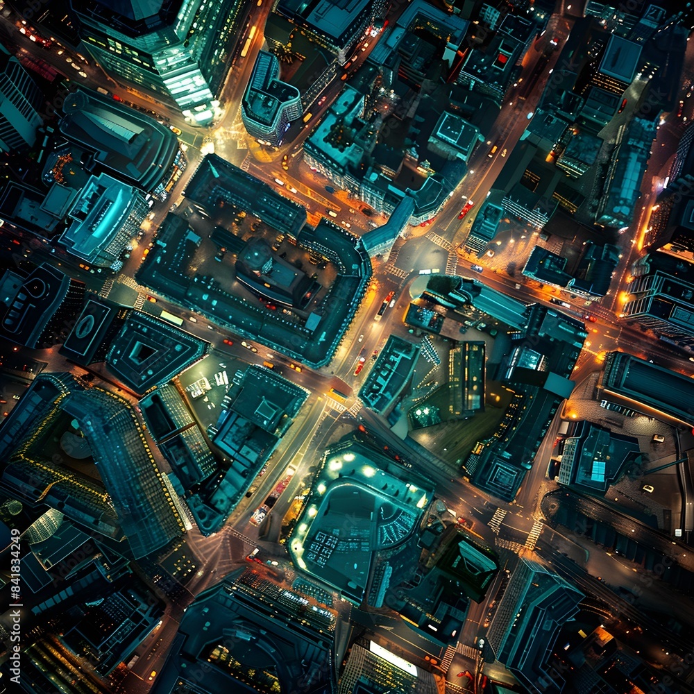 Breathtaking Aerial View of Illuminated Skyscraper Metropolis at Nightfall Showcasing Sprawling Urban Landscape and Architectural