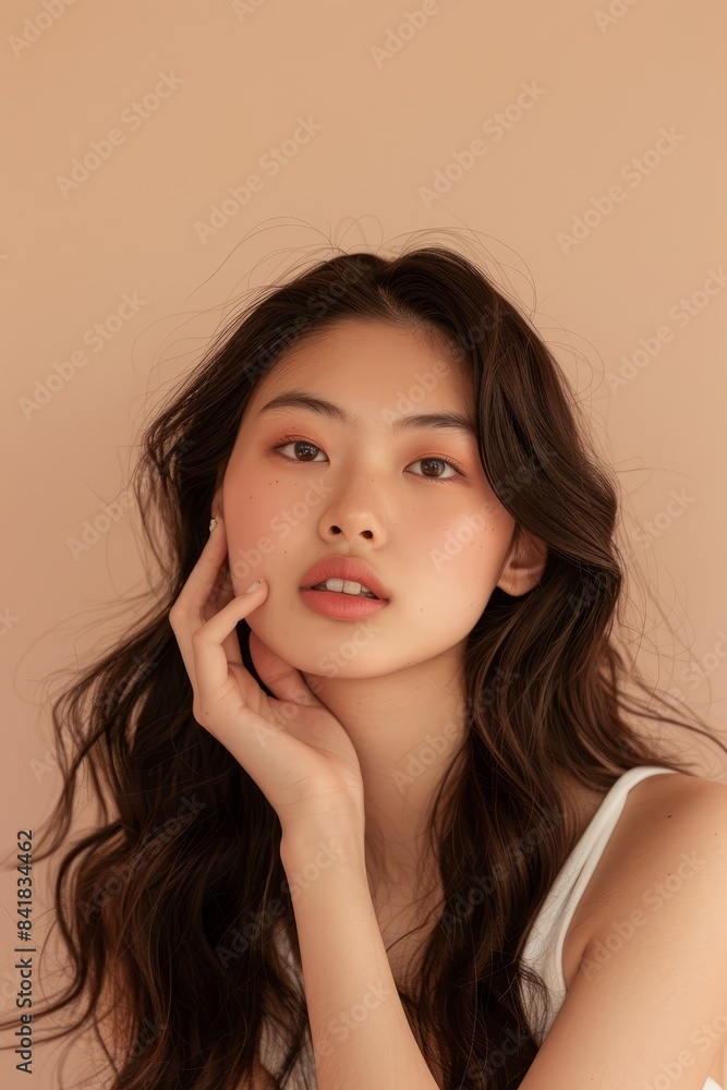 The young Asian beauty's long curly hair with Korean makeup style touches her face and perfect skin against an isolated beige background. Facial care, beauty, plastic surgery. The young Asian beauty's long curly hair with Korean makeup style touches her face and perfect skin against an isolated beige background. Facial care, beauty, plastic surgery.