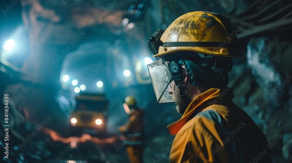showcasing miners wearing protective gear and following safety protocols underground, with warning signs and emergency equipment visible, emphasizing the importance of worker safety showcasing miners wearing protective gear and following safety protocols underground, with warning signs and emergency equipment visible, emphasizing the importance of worker safety