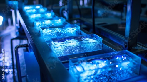 showcasing the futuristic process of dissolving lithium deposits in place, with high-tech equipment and glowing blue solutions, emphasizing technological innovation  photo