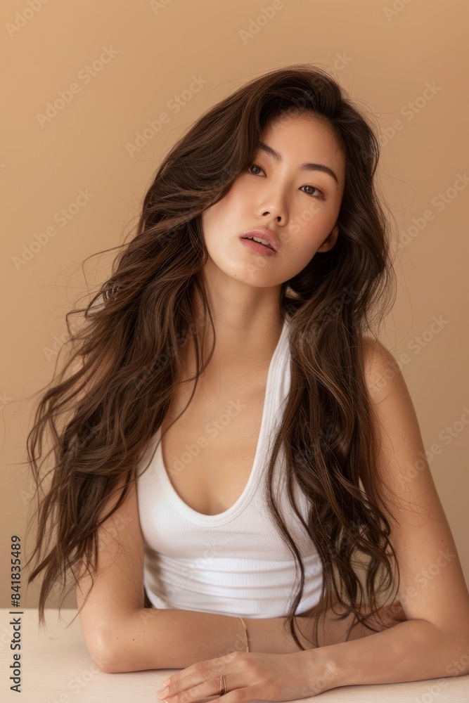 The young Asian beauty's long curly hair with Korean makeup style touches her face and perfect skin against an isolated beige background. Facial care, beauty, plastic surgery. The young Asian beauty's long curly hair with Korean makeup style touches her face and perfect skin against an isolated beige background. Facial care, beauty, plastic surgery.
