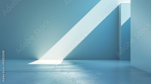 minimalist scene with two walls and a floor. The walls are of a light blue hue  and there s a sharp angle where one wall meets the floor  creating a triangular shadow