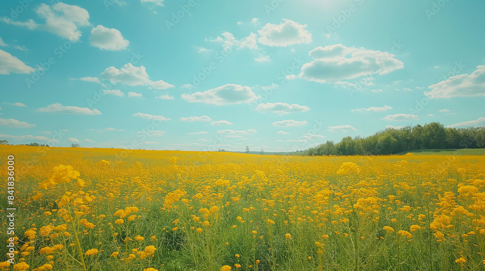 Obraz premium A vast field of vibrant yellow flowers under a clear blue sky with scattered white clouds. The horizon is marked by a line of trees, and the sky is illuminated by the soft glow of the sun