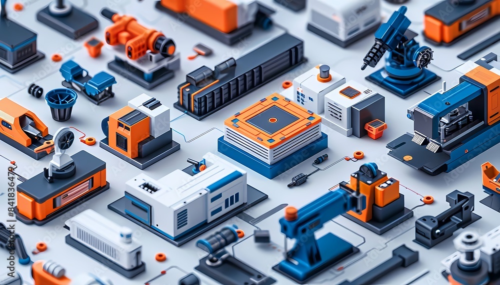 Obraz premium Flat design manufacturing technology with advanced welding machines, robotic welding, and precision joining