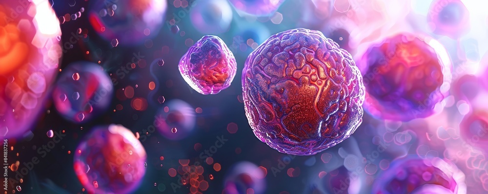 3D rendering of undifferentiated stem cells, focusing on their microscopic features, crucial for breakthroughs in genetic research and cell therapy 3D rendering of undifferentiated stem cells, focusing on their microscopic features, crucial for breakthroughs in genetic research and cell therapy