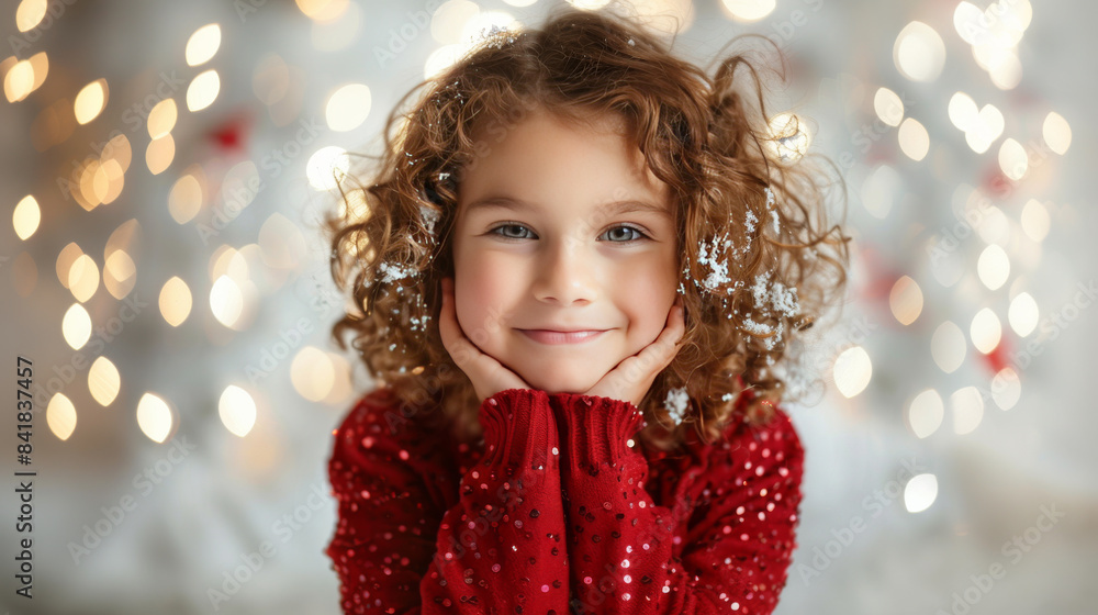 A curly-haired girl smiles joyfully in a red festive sweater, capturing the warmth and magic of the holiday season. White background, copy space. A curly-haired girl smiles joyfully in a red festive sweater, capturing the warmth and magic of the holiday season. White background, copy space.