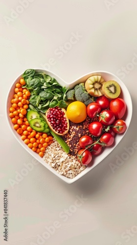 A heart-shaped bowl with an array of nutritious diet foods  including fresh fruits  vegetables  whole grains  vivid background  minimalist  photo realistic