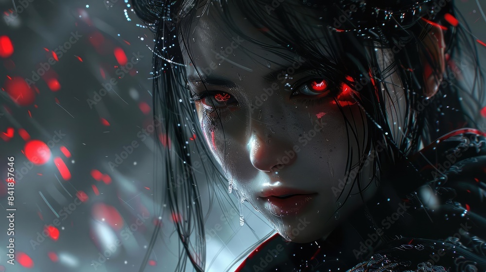 Obraz premium Warrior Princess Glares with Red Eyes, Abstract Background