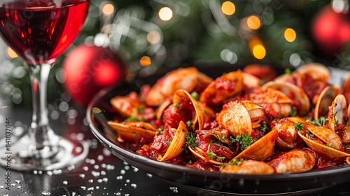 A plate of pasta and seafood in tomato sauce, decorated with herbs, against the background of New Year's decor. There is a glass of red wine nearby. © Neuro architect