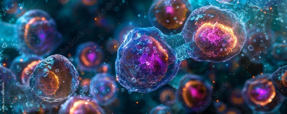 Close-up of a cluster of undifferentiated stem cells, highlighted by vibrant colors and intricate details, representing cutting-edge genetic research and cell therapy Close-up of a cluster of undifferentiated stem cells, highlighted by vibrant colors and intricate details, representing cutting-edge genetic research and cell therapy