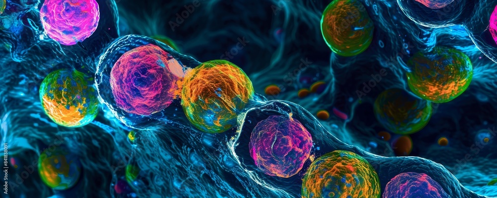 Detailed illustration of undifferentiated stem cells under a microscope ...