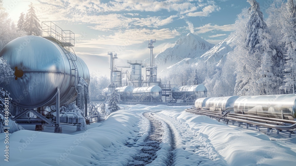 Eco-fuel manufactory with hydrogen tanks, set in a snowy environment, advanced technology, green energy emphasis Eco-fuel manufactory with hydrogen tanks, set in a snowy environment, advanced technology, green energy emphasis