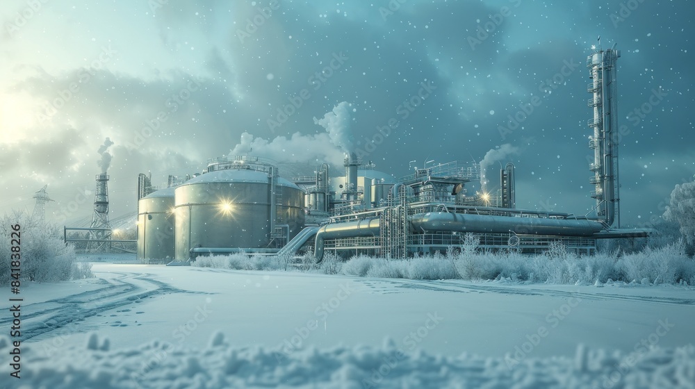 Eco-fuel manufactory with hydrogen tanks, set in a snowy environment, advanced technology, green energy emphasis