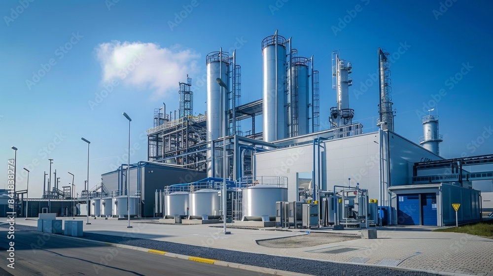 Exterior hydrogen factory on a sunny day, tanks filled with H2 gas, clean pipelines for renewable energy production Exterior hydrogen factory on a sunny day, tanks filled with H2 gas, clean pipelines for renewable energy production