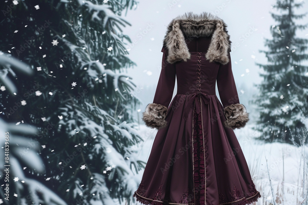 A luxurious fur-trimmed winter coat dress in deep burgundy, set against a snowy landscape with tall pine trees and soft, falling snowflakes A luxurious fur-trimmed winter coat dress in deep burgundy, set against a snowy landscape with tall pine trees and soft, falling snowflakes
