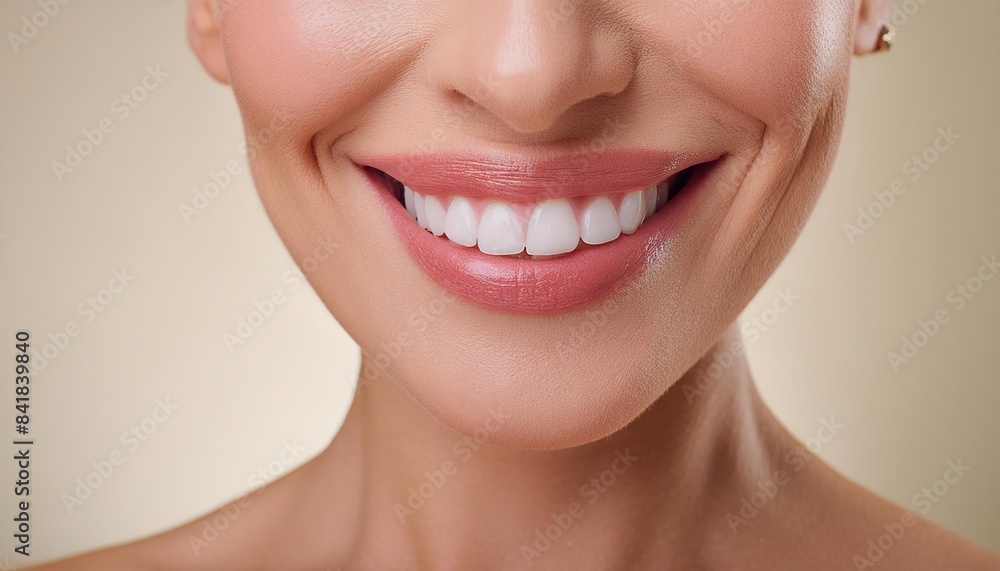 Obraz premium Dental care, beautiful smile of healthy woman, white teeth coloseup