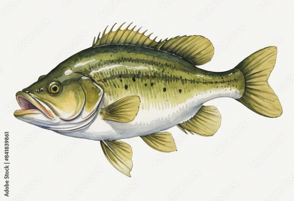 hand drawn simple cartoony watercolor of a largemouth bass on a white background hand drawn simple cartoony watercolor of a largemouth bass on a white background