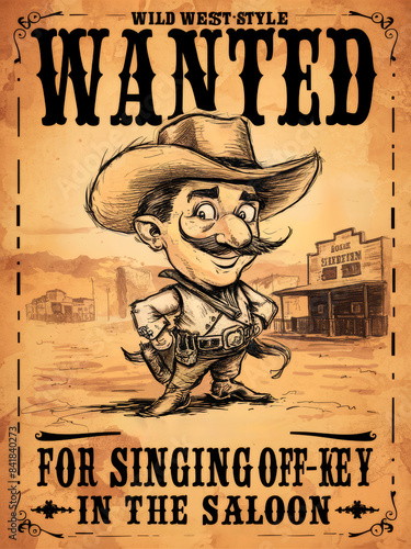 A wanted poster featuring a cartoonish cowboy singing with enthusiasm. Text reads: 