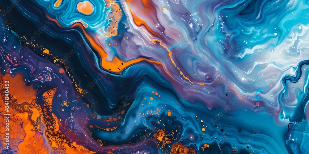 Fototapeta premium close up of a liquid painting with orange and blue colors
