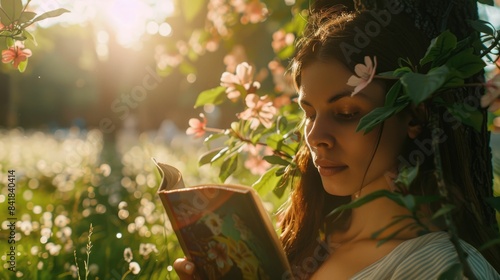 A woman is engrossed in reading a book, surrounded by the peaceful greenery of a sun-dappled forest. A peaceful close-up of a woman reading a book under the dappled light of a tree canopy. AIG50 photo