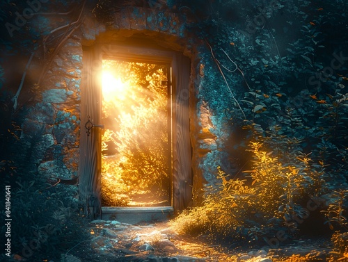 doorway in a forest with a light coming through it and a path leading to it