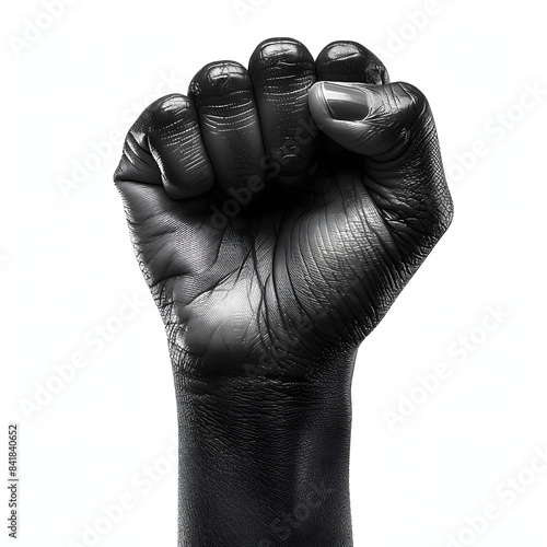 close-up fist in the air symbolizing empowerement. african american woman raises hand in the air claiming independence and solidarity in black and white isolated on white background, realistic, png photo