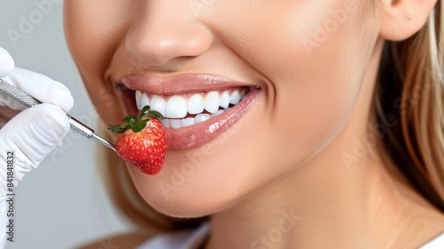 A woman is eating a strawberry with a toothbrush in her mouth