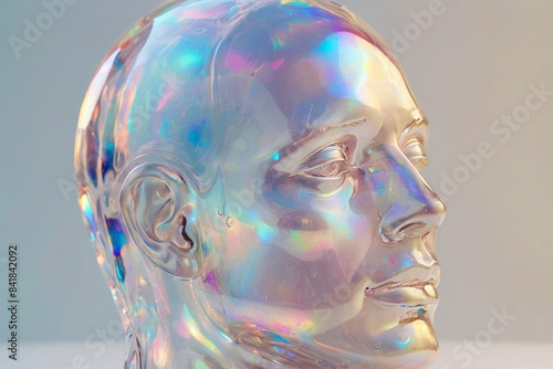 3D futuristic mannequin head, Y2K style element. Molten metal, chrome shiny surface, holographic pastel shine.